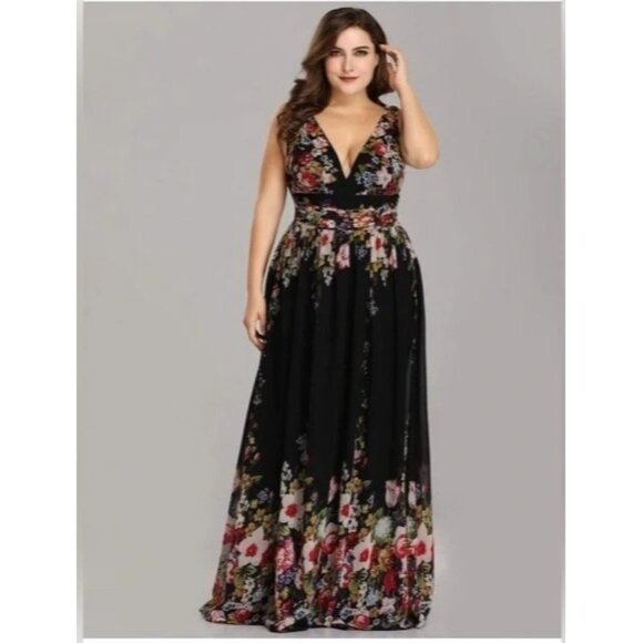 Ever Pretty Floral V-Neck Chiffon Formal Party Dress Black Multi Sz 20 Plus NEW - Picture 1 of 9